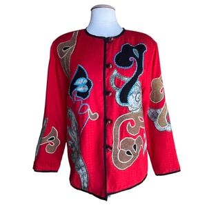 Vtg Julia Kim Red Applique Jacket Size Medium Art to Wear‎ Statement Boho Funky